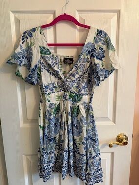 Angie White Dress with Blue Floral Print